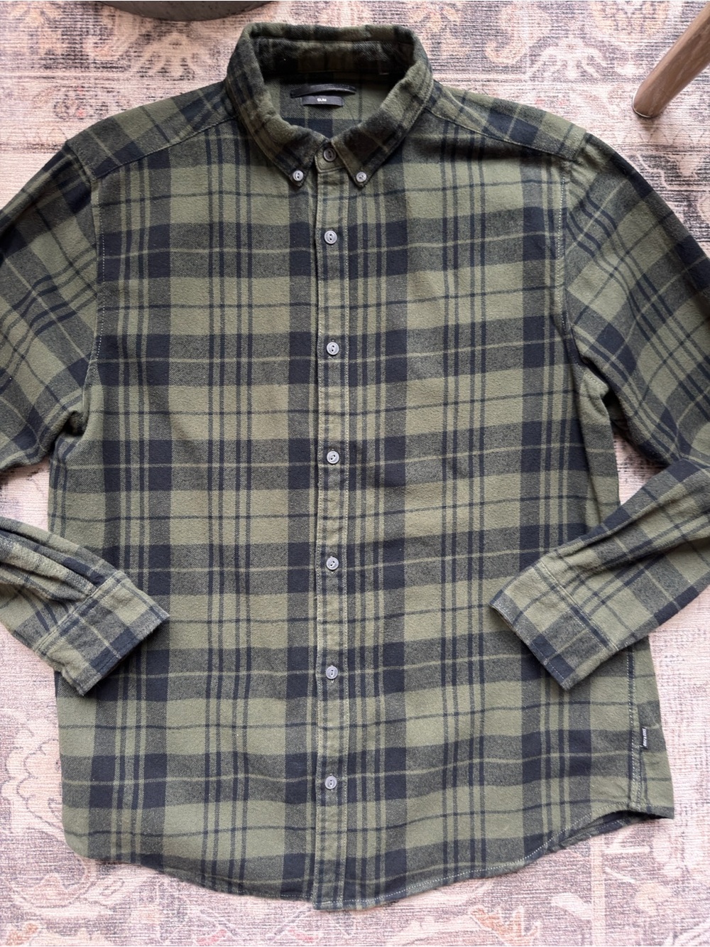 Only & Sons Men's Olive Green Plaid Flannel Button-Down Shirt